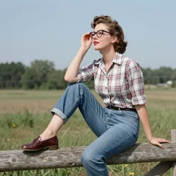 a woman in the 1950s posing on a fence. She is wearing penny loafers, rolled jeans and a plaid shirt. Her hair is styled in a classic 1950s style and she is wearing cat eye glasses. She looks like she is enjoying the sunny day and the view from her perch on the fence