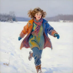 a twenty five year old girl with short wavy curly light brown hair and blue eyes wearing colorful winter clothes is running in a snowy field. beautiful painting by artgerm and greg rutkowski