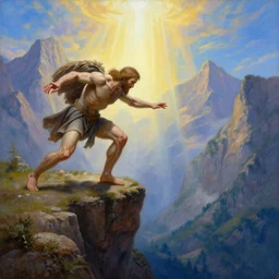 an amazing realistic painting of cain pushing abel from the edge of a cliff with a divine light in the sky, majestic mountains in the background, painting by casey baugh, highly detailed, beautiful art, smooth, elegant, intricate, vibrant, colorful