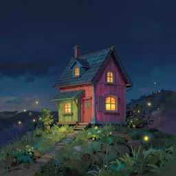 beautiful 3 d painting of a colourful house on a hilltop at midnight with small fireflies flying around, in the style of studio ghibli, artstation, unreal engine
