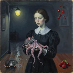 a portrait in a dark apartment, rats, a widow holding an octopus, streetlamps, wet, puddles, wild berries, metaphysical, neo - expressionism, surrealism, acrylic and spray paint and oilstick on canvas