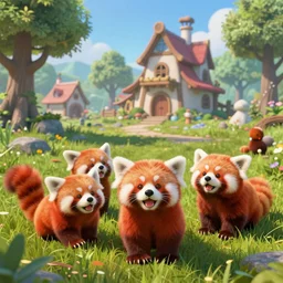 a group of happy red pandas in the grass in front of fairy village, concept art by senior environment artist, cgsociety, artstation hq, playstation 5 screenshot