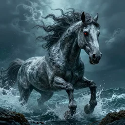 an extremely scary, massive horse under ocean, furiously looking, courtesy of mbari,