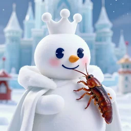 hyperrealistic photos of the queen's snow woman. close distance. ultra - detailed smooth.. clear focus clear focus. the resolution is 8 k. the photo is a masterpiece. ice castle background! dream jim carrey eats a big cockroach in a restaurant