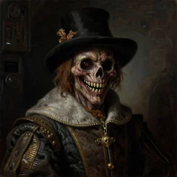 a close - up renaissance portrait of a dark halloween scarecrow grinning. highly detailed science fiction horror painting by norman rockwell, frank frazetta, and moebius. gloomy dark environment, dark background. sci - fi renaissance masterpiece