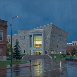 a beautiful painting of the canadian museum of human rights in winnipeg at night raining the city is full of people and the background is the beautiful city of winnipeg highly detailed digital art by greg rutkowski