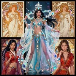 Character fashion spot illustrations of Prince of Egypt and Mulan crossover, colorful, full-body, bloom, dynamic poses, diaphanous cloth, intricate crystalline and feather jewelry, ornate, filigree, arcane, cinematic lighting, by Artgerm, by Alphonse Mucha, by Bouguereau, by Sakimichan, fantasy, portfolio illustration, highly detailed, trending on Artstation, CGsociety, HQ, 8k, 35mm lens, f2.8, Bokeh,