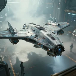 ( cyberpunk 2 0 7 7, bladerunner 2 0 4 9 ), dehaze, scientists creating an artificial alien highly detailed futuristic biomechanical thick smooth quad wing combat spaceship in their spaceship lab, glassy, sharp,, photographic, octane render, natural light, photorealistic, anti aliased, by brian sum and annie leibowitz,