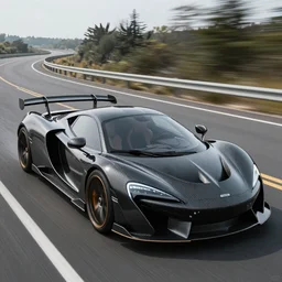 aerodynamic supercar made of carbon fiber 0.1 drag Coefficient, driving down a empty highway concept drawing, i