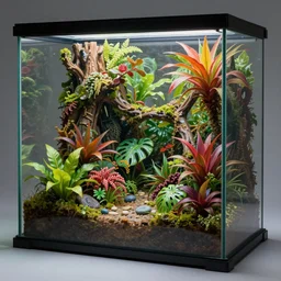 a closed terrarium containing a miniature jungle with exotic plant life, colorful tropical plants, natural mini gardens, acrylic painting by nick garbutt, artstation, concept art, award winning,
