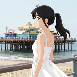 Sketch of an anime girl with a ponytail and a dress at Santa Monica Pier