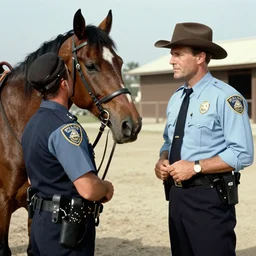 arthur morgan in 1947 in los angeles being interrogated by police standing next to his horse