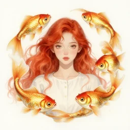 beautiful watercolor painting of a young red hair woman surrounded by a school of long golden fish, intricate, elegant, highly detailed, digital painting, artstation, concept art, smooth, sharp focus, art by krenz cushart and artem demura and alphonse mucha, dynamic lighting, full body shot, ultrarealistic, cinematic, octane render, 8 k