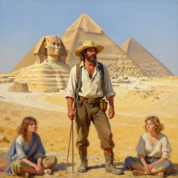 detailed painting of an american lumberjack in front of the gizeh pyramids of egypt, greg rutkowski, magali villeneuve and monet