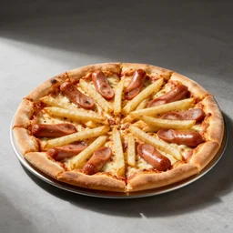 A pizza topped with sliced hot dogs and fries