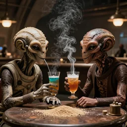 still of two aliens having a drink in Mos Eisley Cantina!!!! in Star Wars (1977). tatooin. sandy. smoke. aliens species. tavern atmosphere