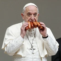 the pope has 10 hotdogs in his mouth at once on stage, hyper realistic