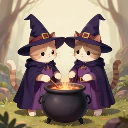 a drawing of two cats dressed as witches standing over a cauldron, a storybook illustration by natasha tan, pixiv contest winner, furry art, official art, wiccan, sharp focus, smooth, detailed, cute, adorable, trending on artstation, artgerm, greg rutkowski