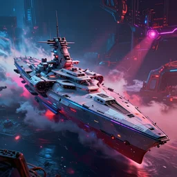 Detailed epic render of scifi space battleship with vivid neon colors and atmosphere