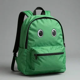 A hyperrealistic green backpack with a face smiling, studio lighting, photoshoot, 8k, trending on artstation