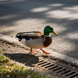 Mallard duck walking past a roadside drain