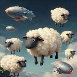 cyber sheep abducted by retro airships, detailed digital art, trending on Artstation