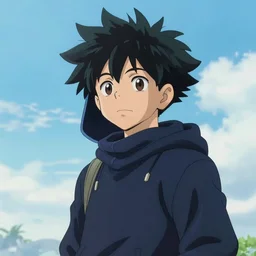 Boku no hero academia style, a boy in a hood, ghibli, unreal 5, DAZ, hyperrealistic, octane render, RPG portrait, dynamic lighting