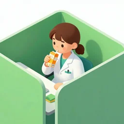 a painting of a cute brown haired female doctor with a ponytail, sitting behind a desk in a square green cubicle, sipping juice from an orange juice box, wearing a white coat. Rendered in isometric perspective with unreal engine, 8k resolution, ultra hd.