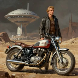 moebius and ralph mcquarrie style, vintage classic motorcycle, retro sci - fi, blade runner 2 0 4 9, star wars, painting