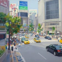 an edward hopper style painting of a busy road in tokyo shibuya, summer