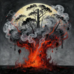 digital matte painting of a magical explosion of sorrow, trees floating in the sky, transparent smoke from hell, notan sun in the background, abstract, surreal art, painted by beksinski and android jones