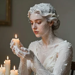 Beautiful woman covered with wax from many burned candles, by Nicola Samori, Ilya Repin, William Blake, Michelangelo da Caravaggio, black background, full body portrait, highly detailed oil painting, trending on artstation, 4k, masterpiece
