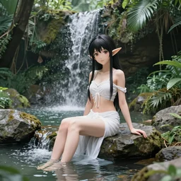 beautiful anime elf girl in white goddess garbs sitting in a rock pond with a light waterfall flowing down her body, lush jungle flora in the style of paseri