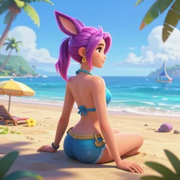 beautiful render of Wild Rift's pool party Ahri looking at the horizon in a hawaii beach, 3d, octane render, realistic, highly detailed, trending on artstation