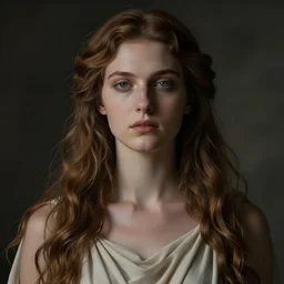 portrait of a greek goddess of wisdom, fantasy, majestic, somber very detailed long hair