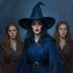 oil matte portrait, witch with dark hair in blue robes and hat scared expression. digital painting, fantasy, concept art, cinematic colors, realistic shaded. by ilya kuvshinov, magali villeneuve, artgerm, greg rutkowski