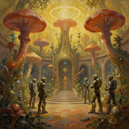 an oil painting by donato giancola, warm coloured, cinematic scifi luxurious futuristic biomechanical victorian garden laboratory courtyard with bulbous alien floral fungi, beeple, halo, star wars, ilm, star citizen, halo, mass effect, artstation