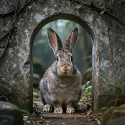 An uncanny rabbit guarding the portal leading straight into the secrets of the mind. super realistic, photo realistic, 8k, ultra realistic.