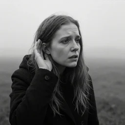 still from a homemade video of some despair as lars von trier would depict it, she is 2 3 and listens to prurient, photo, black and white, the background is unsafe, insanely detailed, foggy like in norwegian black metal aesthetic