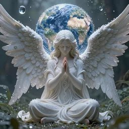 under a world of dew, and within every dewdrop a world of struggle., fantasy intricate elegant angel sits in prayer under, lush volumetric lighting 3 d modelling