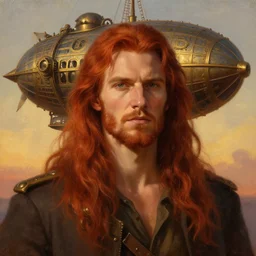 portrait painting of a handsome face rugged long hair crimson hair male captain simple clothing top half portrait soft hair steampunk ornate mechanical zeppelin airship in the background sky sunset golden hour fantasy rugged book cover art atmospheric lighting art by mullins rutkowski bussiere