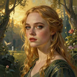 Elle Fanning, head and shoulders masterpiece, in the painted world of Dark Souls, golden hour, in a garden, artstation, in the style of Art Deco and Edward Hopper and Bosch, extremely detailed