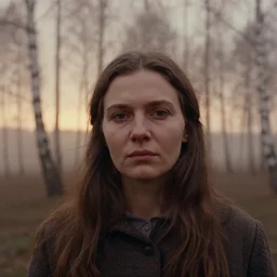 close up portrait of woman, solemn expression, faded color film, russian cinema, tarkovsky, kodachrome, heavy birch forest, long brown hair, old clothing, heavy fog, atmospheric haze, brown color palette, sunset, low light, dramatic lighting