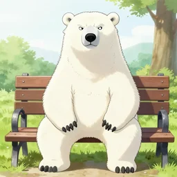 a drawing of a polar bear angrily sitting on a park bench, with a realistic human face, in the style of akira toriyama