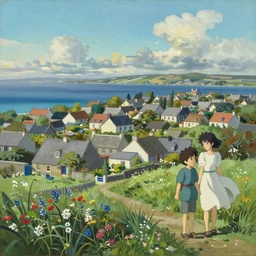 A beautiful landscape painting of a small irish village by the sea by Alfons Maria Mucha and Julie Dillon and Makoto Shinkai