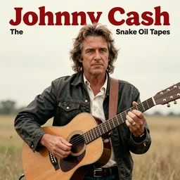 album cover for Johnny Cash: The Snake Oil Tapes, album art by Ron Walotsky, snake oil album, snakes, quack medicine, no text, sometimes there's a dream