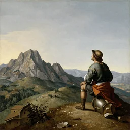 a man looking in the distance from the top of a mountain, piero della francesca, 1 4 5 0
