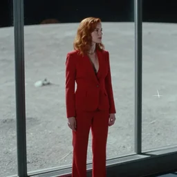 a still from the move 2 0 4 9 depicting a beautiful young redheaded businesswoman in a tailored red suit staring out of a plate glass window. outside is the surface of the moon. sci fi, futuristic, cinematic, soft lighting photography by fred palacio medium full shot still from bladerunner 2 0 4 9, sci fi, bladerunner, canon eos r 3, f / 3, iso 2 0 0, 1 / 1 6 0 s, 8 k, raw, unedited