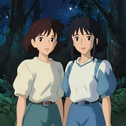 a detailed portrait of two young girls resembling lily james in the forest together in the forest at night with a sky full of stars, trending on pixiv fanbox, painted by makoto shinkai takashi takeuchi studio ghibli, akihiko yoshida, yoshitaka amano, wangechi mutu, clean cel shaded vector art, illustration, hd, 8 k