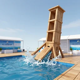 a water physics showcase where a wooden tower gets knocked down by water, realistic simulation, unrealengine, 3 d, hd